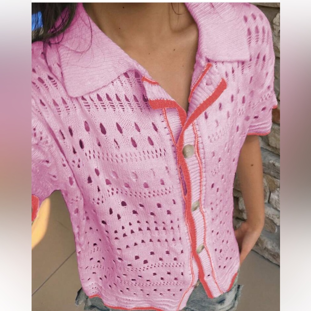 SHEIN Pink Open-Knit Button Down Shirt with Coral Trim